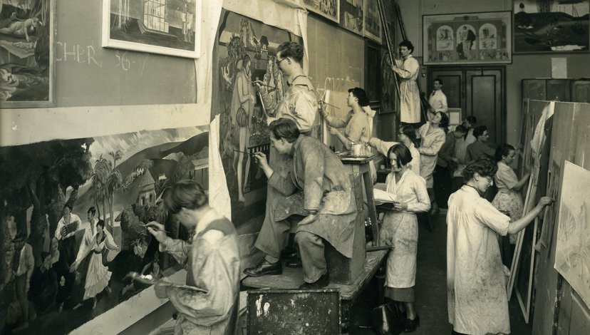 Painting students in the Mural Room, c.1936. Margery Dennis Hall collection.