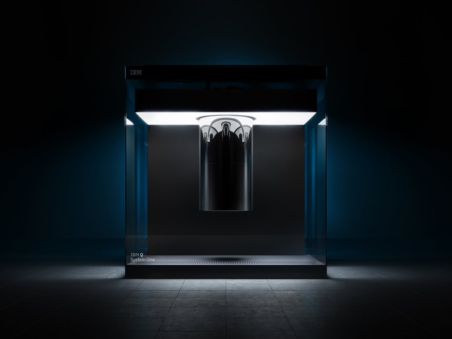 IBM Q System One backlit by blue light.