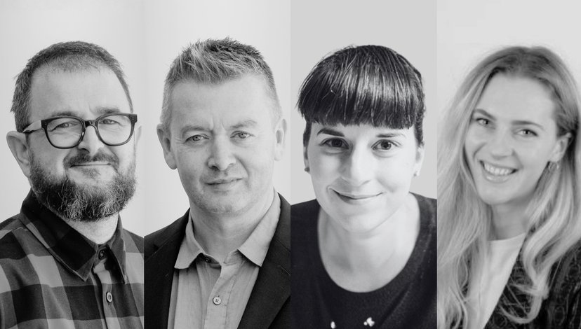 Black and white collage for upcoming IN SESSION talk including headshots of guest speakers