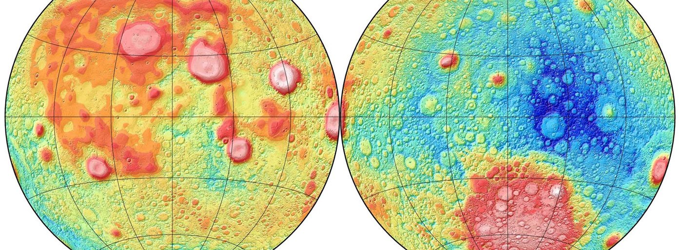 Map of gravity acceleration values over the entire surface of Earth's Moon. Taken from Lunar Gravity Model 2011