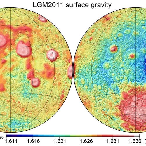 Map of gravity acceleration values over the entire surface of Earth's Moon. Taken from Lunar Gravity Model 2011