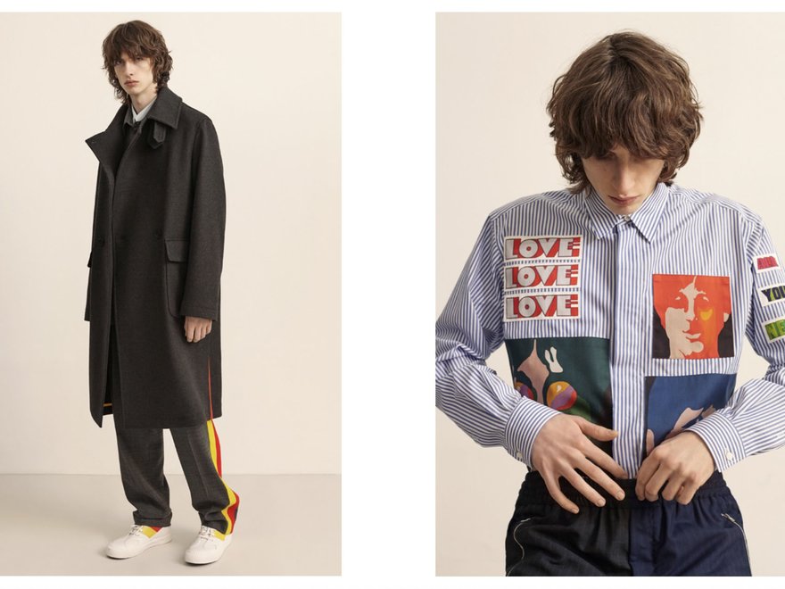 A two-panel fashion collage featuring a male model with wavy brown hair; on the left, he wears a long dark charcoal overcoat, and on the right, a blue and white striped button-up shirt adorned with "LOVE" patches and a graphic portrait.