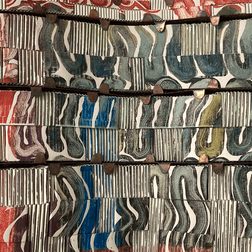 Untitled (detail), Multi block lino cut on hand-woven paper with handmade bending copper frame, Euan Evans, 2023