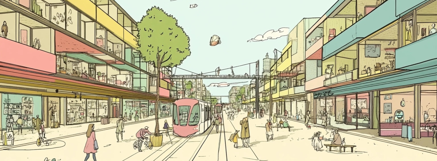 Photo: London street with active travel and modern futuristic shared public transport