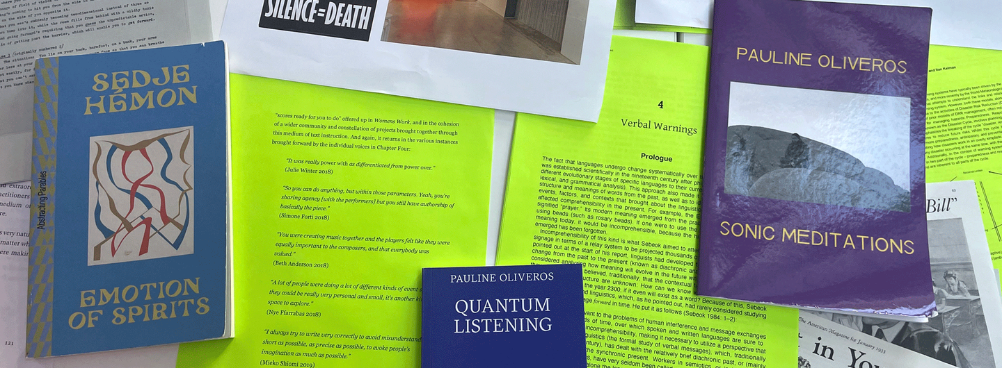 Documentation of workshop materials for ‘Break Down the Language of Breakdown: A workshop on writing instructions/scores, performing responses, and dissecting warning methods,’ photo Aura Satz, Feb 2026.